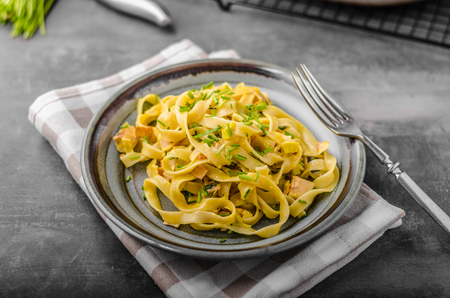Creamy pasta with chicken, styled rustic moody photoの写真素材