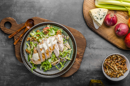 Waldorf salad with grilled chicken, delicious and simple recipe with blue cheeseの写真素材