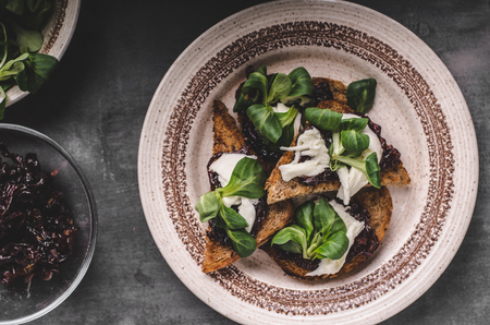 Delicious toast bio healthy food, caramelized onion, lettuce and mozzarella cheeseの写真素材