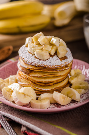 American pancakes with banana, chocolate, delish photo for advertismentの写真素材