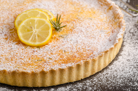Delish leamon tart, delicious dessert, place for textの写真素材