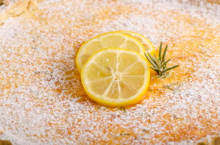 Delish leamon tart, delicious dessert, place for textの写真素材