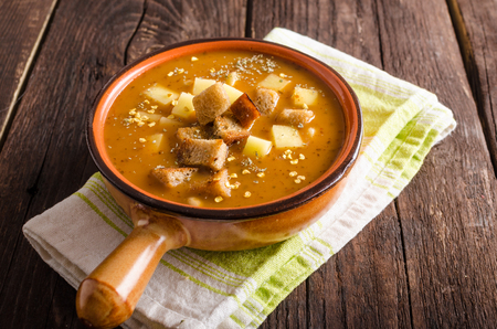 Goulash soup with croutons and potatoes, food photographyの写真素材