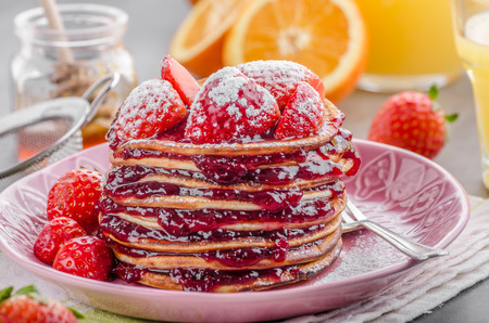 Pancakes strawberry, sugar and jam, food photography, fresh juice