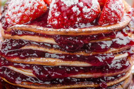 Pancakes strawberry, sugar and jam, food photography, fresh juiceの写真素材