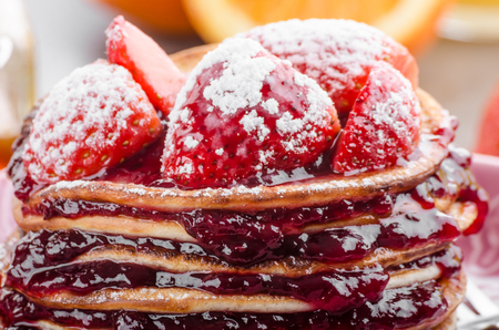 Pancakes strawberry, sugar and jam, food photography, fresh juiceの写真素材