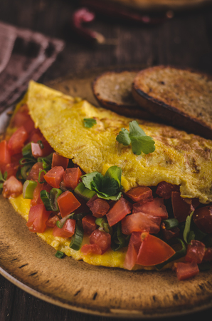 Vegetarian omelette, fried bread, filled with vegetable and cheeseの写真素材