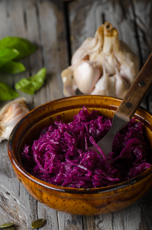 REd cabbage salad food photography, delish salad with herbsの写真素材