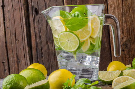 Delish lemonade from fruits, food photography, wood board vintage, rustic photoの写真素材