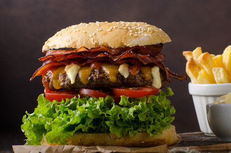 Homemade bacon burger with lettuce and cheddar, homemade potato french fries, food photographyの写真素材