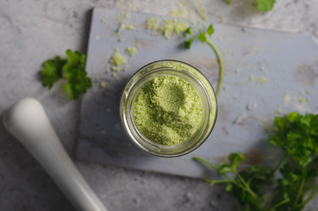 Delish combination coarse-grained salt, fresh herbs mixed togetherの写真素材