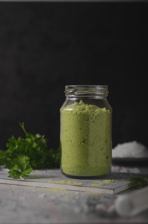 Delish combination coarse-grained salt, fresh herbs mixed togetherの写真素材