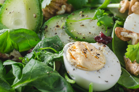 Delicious and simple healthy salad with nuts, eggs and cucumberの写真素材