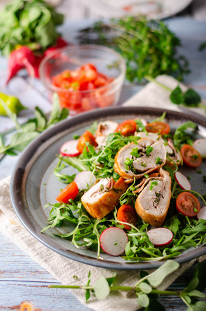 Delicious chicken roulade filled with herbs and ham, fresh salad with radishesの写真素材