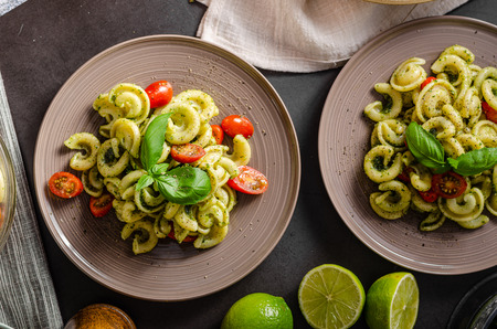 Delish simple food, semolina pasta with basil nuts pestoの写真素材