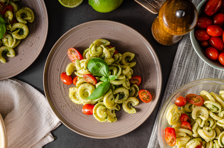 Delish simple food, semolina pasta with basil nuts pestoの写真素材