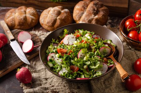 Lettuce salad with radishes, tomatoes, cucumber and fresh bunsの写真素材