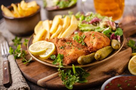 Delicious breaded meat with french fries, salad, pickless and beerの写真素材