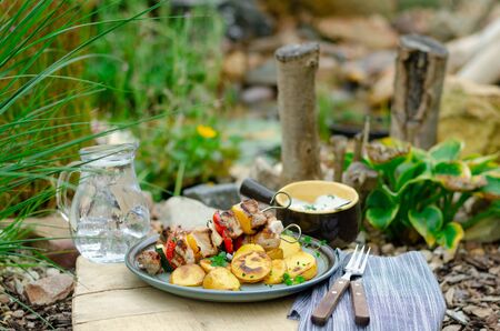 Outside grilling near beautiful garden with pondの写真素材