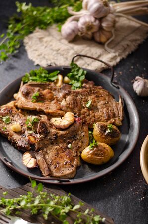Delicious grilled meat seasoned with garlic and pepper, fresh saladの写真素材