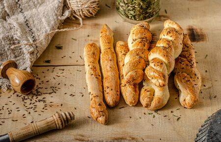Delicious homemade salted sticks with cumin and sea saltの写真素材