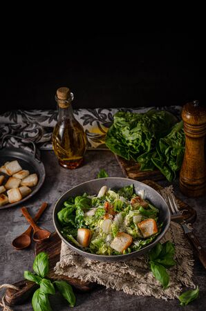 Organic bio salad with ceasar dressing and crispy breadの写真素材