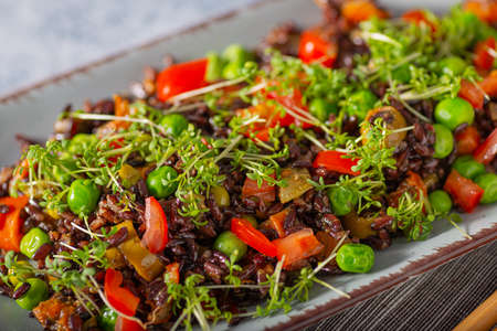 Delicious and organic black rice salad with microgreensの写真素材