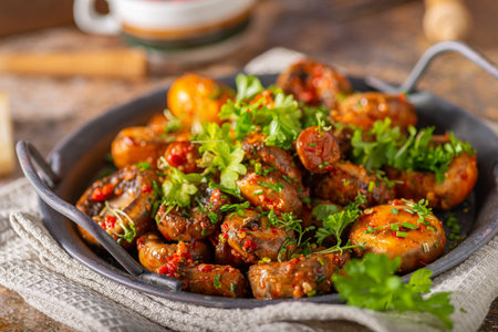 Roasted mushrooms and chilli sauce topped with herbsの写真素材