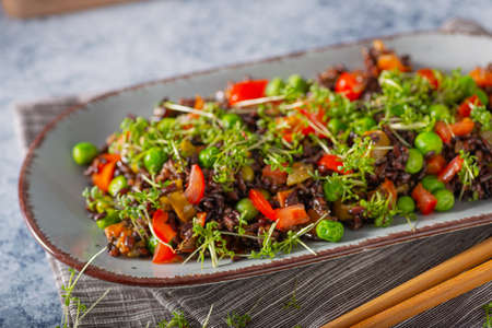 Delicious and organic black rice salad with microgreensの写真素材