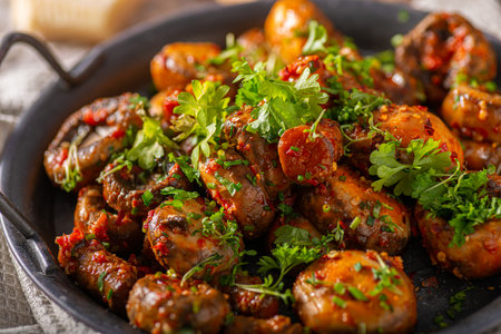 Roasted mushrooms and chilli sauce topped with herbsの写真素材