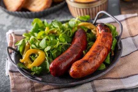Delicious and spicy sausages on grill with breadの写真素材