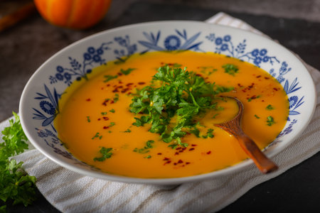 Delicious sweet soup with chilli and herbsの写真素材