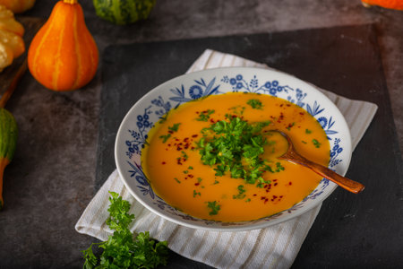 Delicious sweet soup with chilli and herbsの写真素材