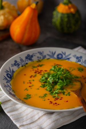 Delicious sweet soup with chilli and herbsの写真素材