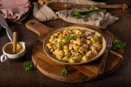 Delicous pasta with cheese sauce and organic herbsの写真素材