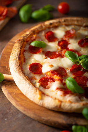 Delicous pizza with hot salami, parmesan and fresh basilの写真素材
