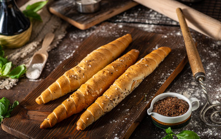 Homemade roll with seeds, garlic and basilの写真素材