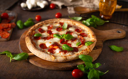 Delicous pizza with hot salami, parmesan and fresh basilの写真素材