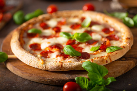 Delicous pizza with hot salami, parmesan and fresh basilの写真素材
