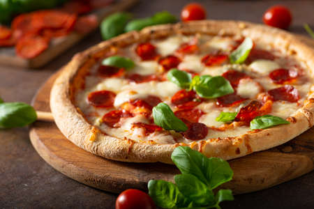 Delicous pizza with hot salami, parmesan and fresh basilの写真素材