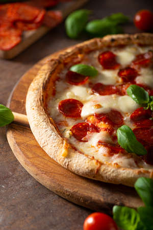 Delicous pizza with hot salami, parmesan and fresh basilの写真素材