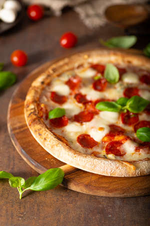 Delicous pizza with hot salami, parmesan and fresh basilの写真素材