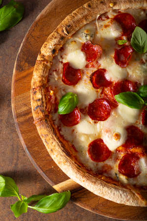 Delicous pizza with hot salami, parmesan and fresh basilの写真素材
