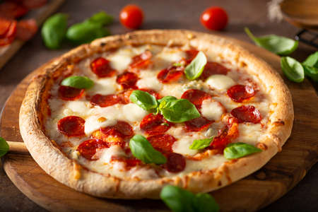 Delicous pizza with hot salami, parmesan and fresh basilの写真素材