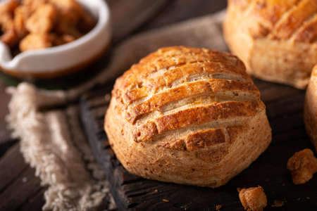 Delicious homeade bun filled with pork greaves and garlicの写真素材
