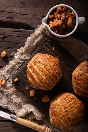 Delicious homeade bun filled with pork greaves and garlicの写真素材