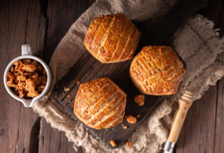 Delicious homeade bun filled with pork greaves and garlicの写真素材