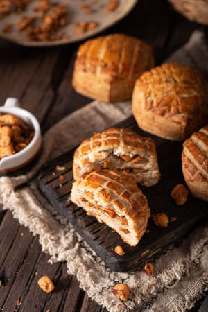 Delicious homeade bun filled with pork greaves and garlicの写真素材