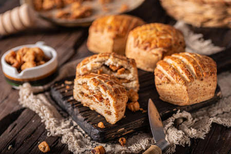 Delicious homeade bun filled with pork greaves and garlicの写真素材