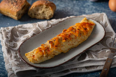 Delicious omelette from organic eggs with chilli and cheddarの写真素材